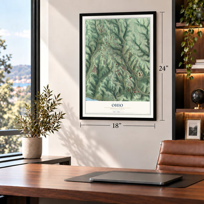Ohio, Pennsylvania map, 18 x 24 inch print in a black frame in a home office