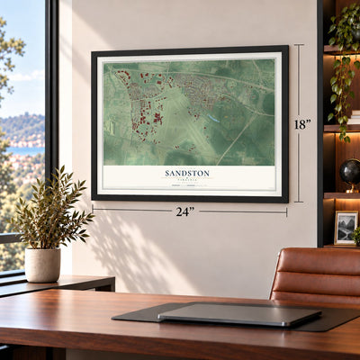 Sandston, Virginia map, 18 x 24 inch print in a black frame in a home office
