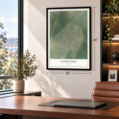Sandy Oaks, Texas map, 18 x 24 inch print in a black frame in a home office