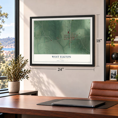 West Elkton, Ohio map, 18 x 24 inch print in a black frame in a home office