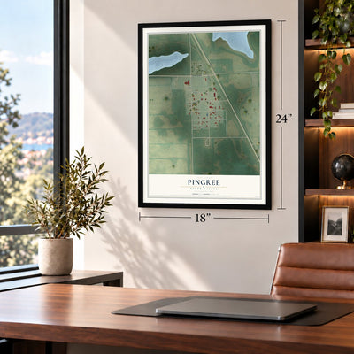 Pingree, North Dakota map, 18 x 24 inch print in a black frame in a home office