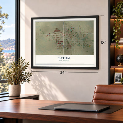 Tatum, New Mexico map, 18 x 24 inch print in a black frame in a home office