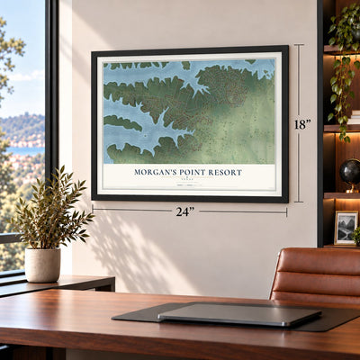 Morgan's Point Resort, Texas map, 18 x 24 inch print in a black frame in a home office