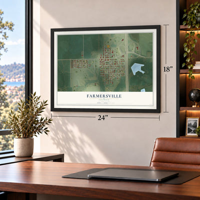 Farmersville, Illinois map, 18 x 24 inch print in a black frame in a home office