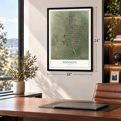 Stinnett, Texas map, 18 x 24 inch print in a black frame in a home office