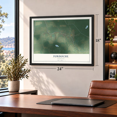 Fordoche, Louisiana map, 18 x 24 inch print in a black frame in a home office