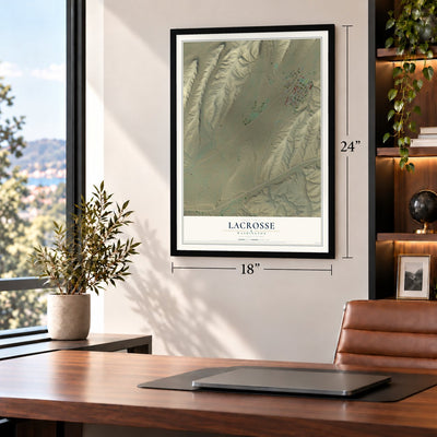 LaCrosse, Washington map, 18 x 24 inch print in a black frame in a home office