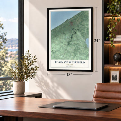 Town of Westfield, New York map, 18 x 24 inch print in a black frame in a home office
