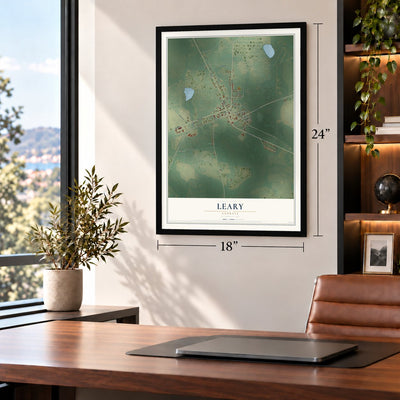 Leary, Georgia map, 18 x 24 inch print in a black frame in a home office