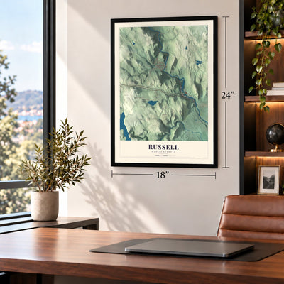 Russell, Massachusetts map, 18 x 24 inch print in a black frame in a home office
