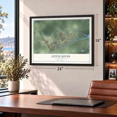 Little River, South Carolina map, 18 x 24 inch print in a black frame in a home office