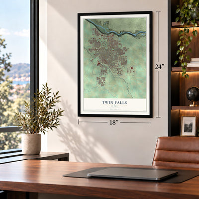 Twin Falls, Idaho map, 18 x 24 inch print in a black frame in a home office