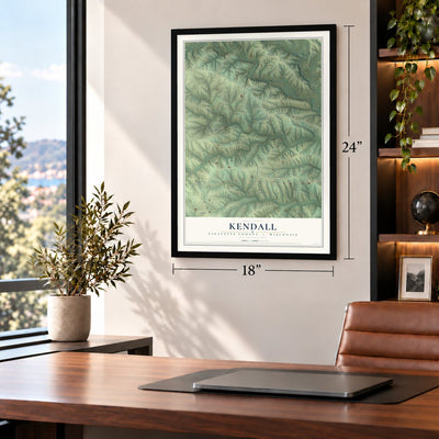 Kendall, Lafayette County, Wisconsin map, 18 x 24 inch print in a black frame in a home office
