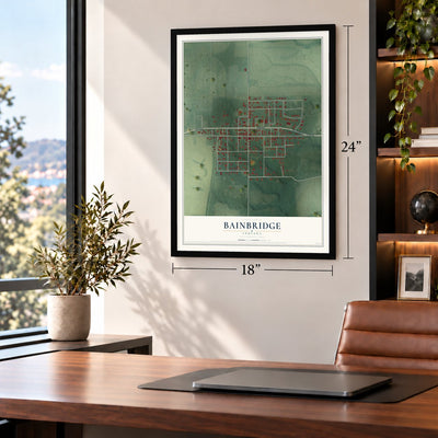 Bainbridge, Indiana map, 18 x 24 inch print in a black frame in a home office