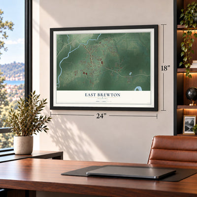 East Brewton, Alabama map, 18 x 24 inch print in a black frame in a home office