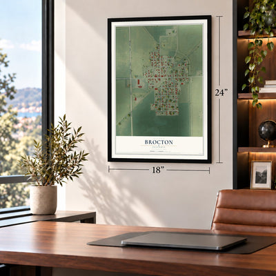Brocton, Illinois map, 18 x 24 inch print in a black frame in a home office