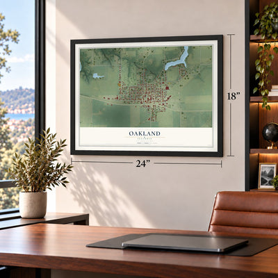 Oakland, Illinois map, 18 x 24 inch print in a black frame in a home office