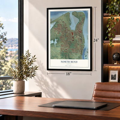 North Bend, Oregon map, 18 x 24 inch print in a black frame in a home office