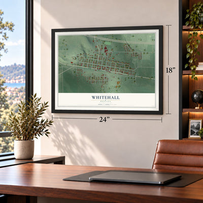 Whitehall, Montana map, 18 x 24 inch print in a black frame in a home office