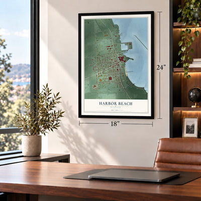 Harbor Beach, Michigan map, 18 x 24 inch print in a black frame in a home office