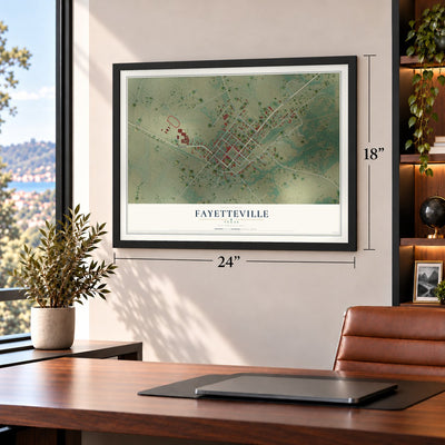 Fayetteville, Texas map, 18 x 24 inch print in a black frame in a home office
