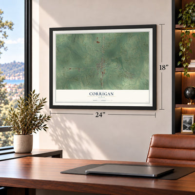 Corrigan, Texas map, 18 x 24 inch print in a black frame in a home office