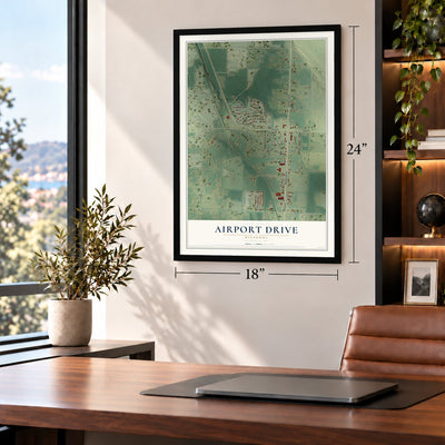 Airport Drive, Missouri map, 18 x 24 inch print in a black frame in a home office