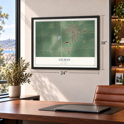 Gilman, Illinois map, 18 x 24 inch print in a black frame in a home office