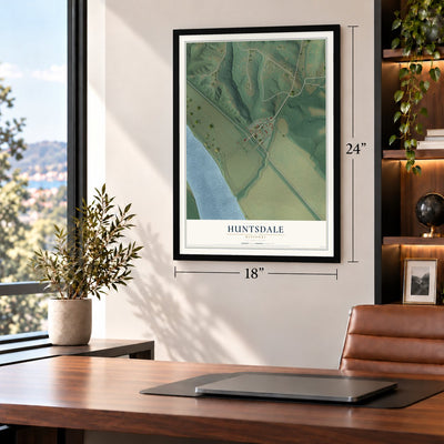 Huntsdale, Missouri map, 18 x 24 inch print in a black frame in a home office
