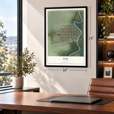 Fisk, Missouri map, 18 x 24 inch print in a black frame in a home office