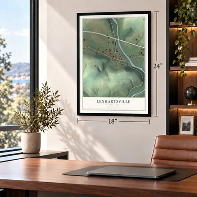 Lenhartsville, Pennsylvania map, 18 x 24 inch print in a black frame in a home office