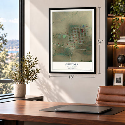 Grenora, North Dakota map, 18 x 24 inch print in a black frame in a home office