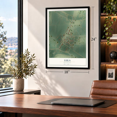 Lula, Mississippi map, 18 x 24 inch print in a black frame in a home office