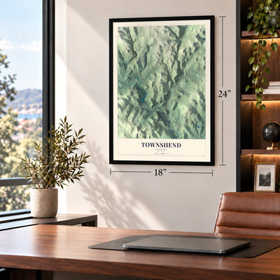 Townshend, Vermont map, 18 x 24 inch print in a black frame in a home office