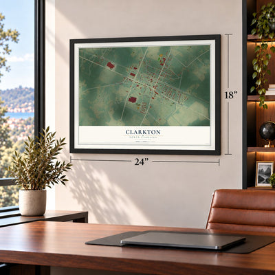 Clarkton, North Carolina map, 18 x 24 inch print in a black frame in a home office