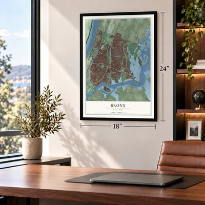 Bronx, New York map, 18 x 24 inch print in a black frame in a home office