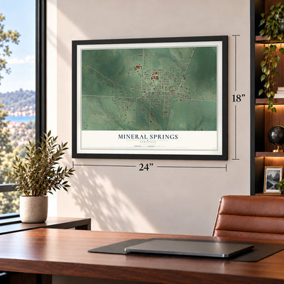 Mineral Springs, Arkansas map, 18 x 24 inch print in a black frame in a home office