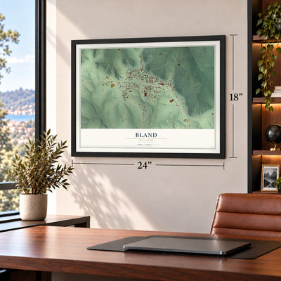 Bland, Missouri map, 18 x 24 inch print in a black frame in a home office