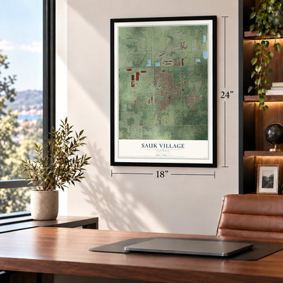 Sauk Village, Illinois map, 18 x 24 inch print in a black frame in a home office