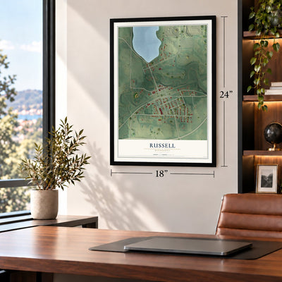 Russell, Minnesota map, 18 x 24 inch print in a black frame in a home office