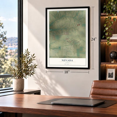 Nevada, Texas map, 18 x 24 inch print in a black frame in a home office