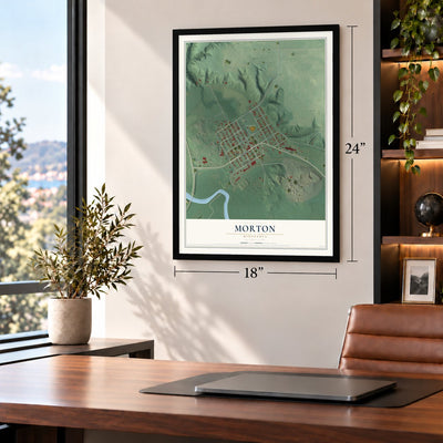 Morton, Minnesota map, 18 x 24 inch print in a black frame in a home office