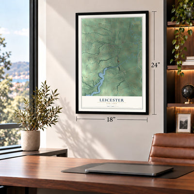 Leicester, New York map, 18 x 24 inch print in a black frame in a home office