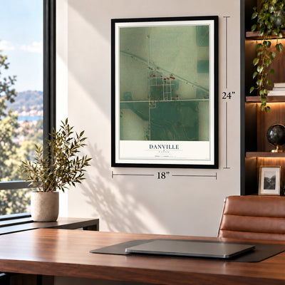 Danville, Kansas map, 18 x 24 inch print in a black frame in a home office