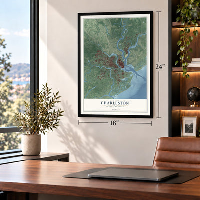 Charleston, South Carolina map, 18 x 24 inch print in a black frame in a home office