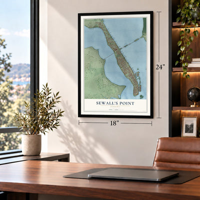 Sewall's Point, Florida map, 18 x 24 inch print in a black frame in a home office