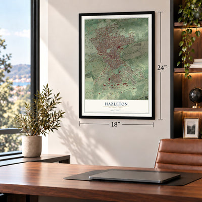Hazleton, Pennsylvania map, 18 x 24 inch print in a black frame in a home office