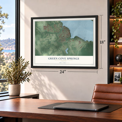 Green Cove Springs, Florida map, 18 x 24 inch print in a black frame in a home office