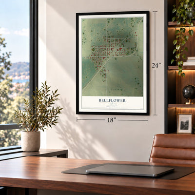 Bellflower, Illinois map, 18 x 24 inch print in a black frame in a home office