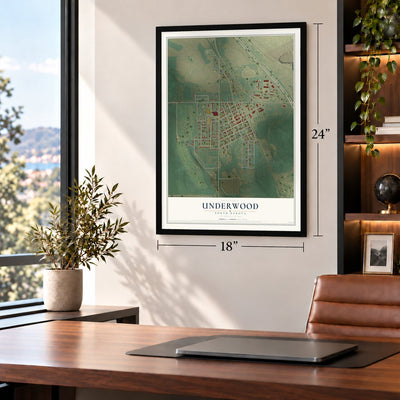 Underwood, North Dakota map, 18 x 24 inch print in a black frame in a home office